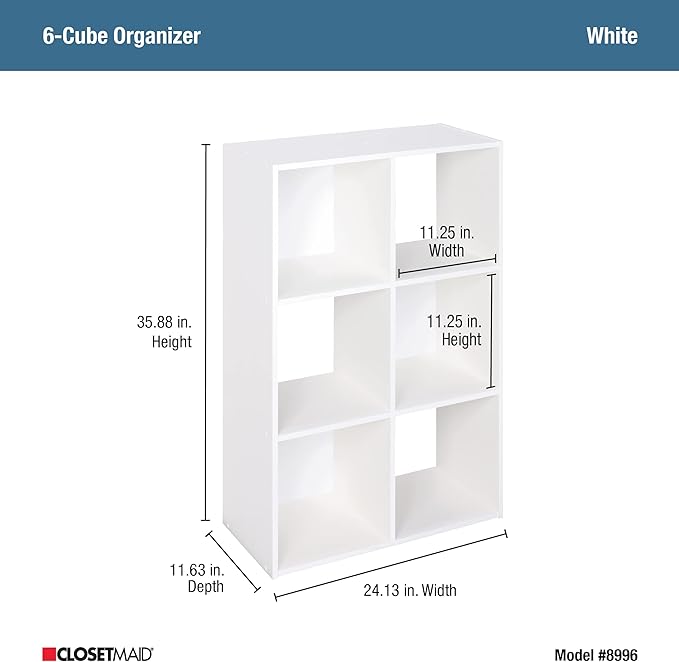 ClosetMaid Cubeicals 6 Cube Storage Shelf Organizer Bookshelf, Stackable, Vertical or Horizontal, Easy Assembly, Wood, White Finish