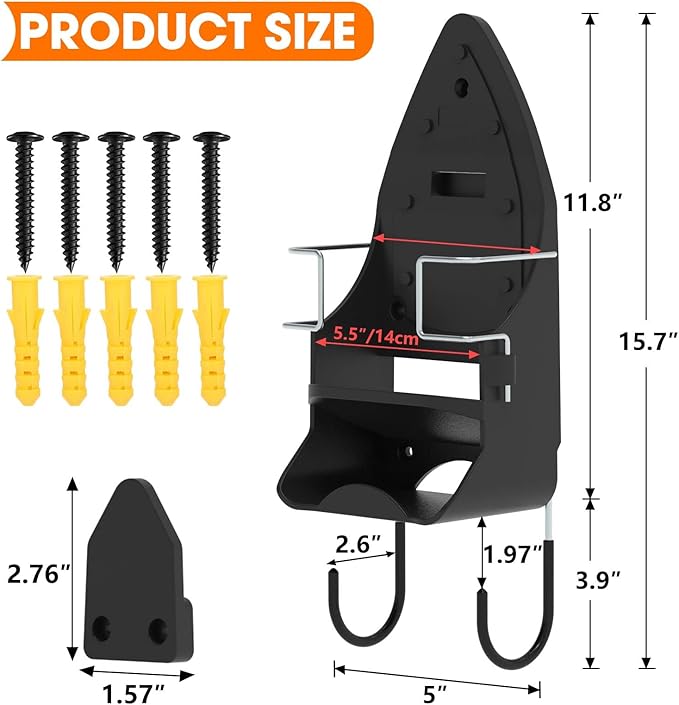 Wall Mount Iron,Ironing Board Hanger for Household Bathroom and Laundry Room, Electric Iron Holder with Hook-for Max 5.4" (Black)