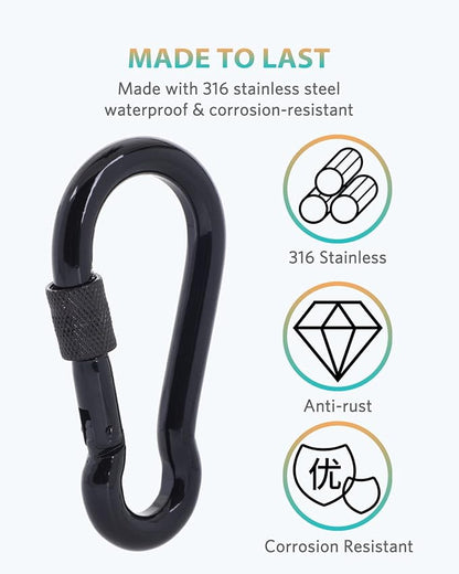 Carabiner Clips, 316 Stainless Steel Carabiner Clip, Heavy Duty Carabiner Hooks, Keychain Carabiners, Multi-Purpose Spring Snap Hook for Dog Leash, Outdoor Camping, Swing, Hammock