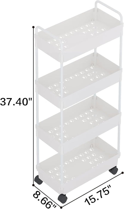 Buzowruil Rolling Storage Cart 4 Tier Organizer Mobile Shelving Unit Storage Rolling Utility Cart with Wheels for Kitchen Bathroom Laundry,White