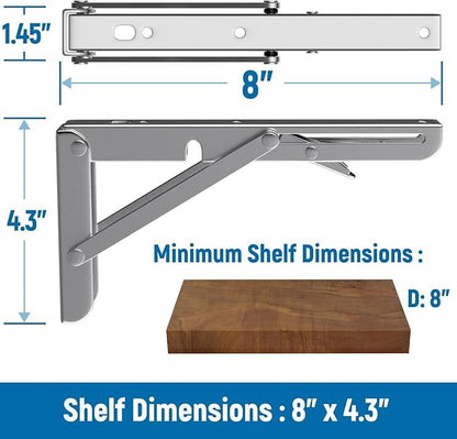 LEOPO 8 inch Folding Shelf Brackets-2 Pack Foldable Heavy Duty Triangle Collapsible Wall Mounted Brackets for Fold Down Table, Space Saving for Bench Table with Screws, Stainless Steel