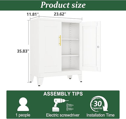White Metal Storage Cabinet, 36" Tall Locking Storage Cabinet with 2 Adjustable Shelves, Steel Locker Organizer, for Office, Home, School, 11.81" D x 23.62" W x 35.83" H, 2PS