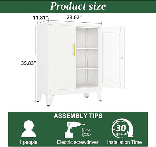 White Metal Storage Cabinet, 36" Tall Locking Storage Cabinet with 2 Adjustable Shelves, Steel Locker Organizer, for Office, Home, School, 11.81" D x 23.62" W x 35.83" H, 2PS