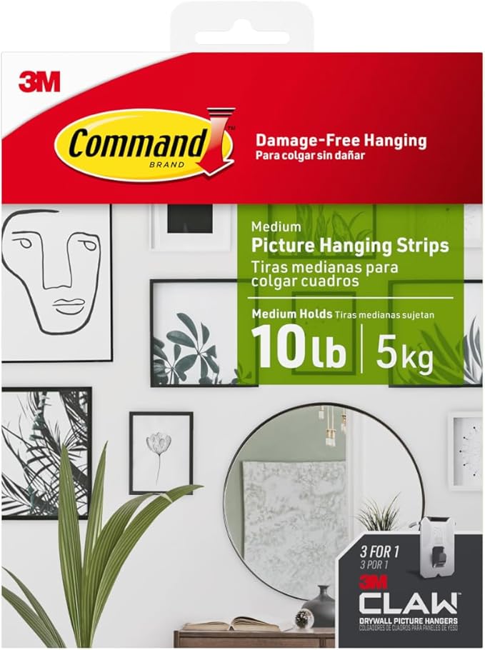 Command and 3M Claw Picture Hanging Kit, 10 lb Medium Picture Hanging Strips 8 Pairs (16 Strips) and 45, 25, & 15 lb 3M Claw Picture Hangers, Hanging Picture Frames for Home Decor and Room Decor