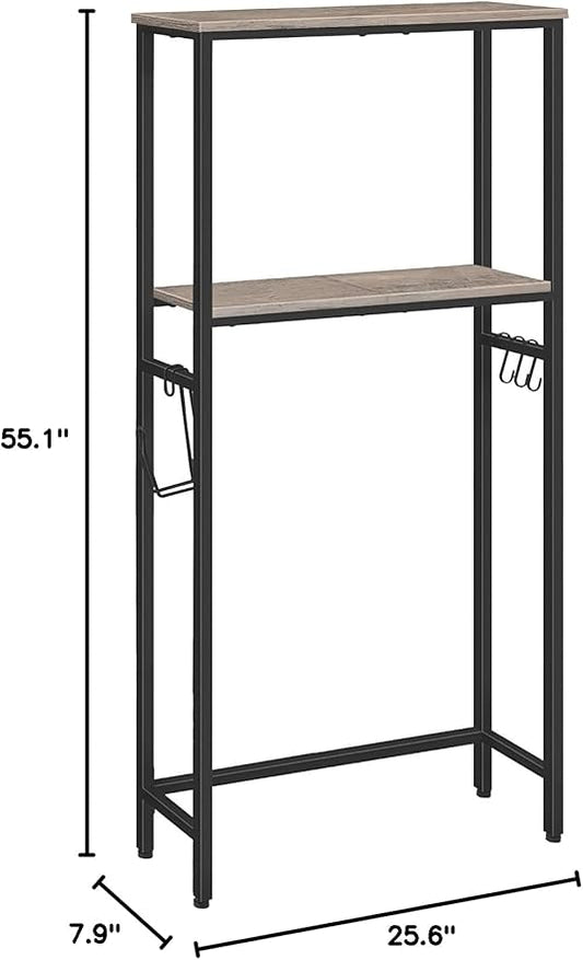 HOOBRO Over-The-Toilet Storage, 2-Tier Bathroom Organizer Over Toilet, Bathroom Shelves with Toilet Paper Holder and Hooks, Freestanding Storage Shelf, Space Saver, Greige and Black BG49TS01