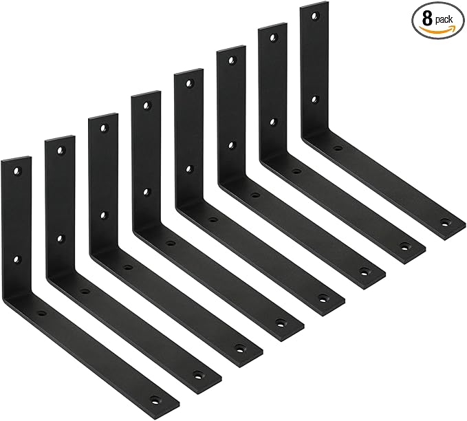 WINKER Shelf Bracket 8 Pack 8" Lx8 Hx1.5 W 5mm Thick Heavy Duty Black 8 Inch Metal Iron L Brackets for Wall Shelves