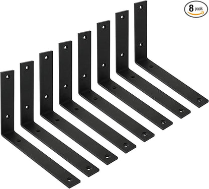 WINKER Shelf Bracket 8 Pack 8" Lx8 Hx1.5 W 5mm Thick Heavy Duty Black 8 Inch Metal Iron L Brackets for Wall Shelves