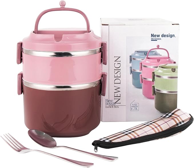 SANQIAHOME 2 Tier Stackable Stainless Steel Lunch Box Sealed(pink, 2 layers) with spoon and fork