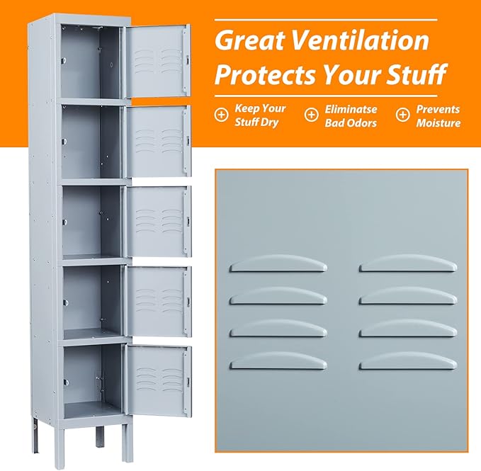 Metal Locker with 5 Doors, 5 Tier Steel Storage Lockers for School, Home, Office, Gym (Grey)