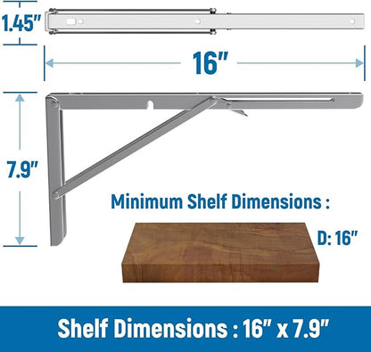LEOPO 16 inch Folding Shelf Brackets-2 Pack Foldable Heavy Duty Triangle Collapsible Wall Mounted Brackets for Fold Down Table, Space Saving for Bench Table with Screws, Stainless Steel