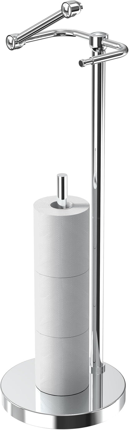 Toilet Paper Holder Stand, Post Pivoting Design Free Standing Toilet Paper Holder with Storage for 4 Rolls, SUS304 Stainless Steel Tissue Holder with Reserve, Heavy-Duty Base (Chrome)