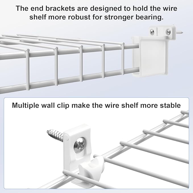 12 Inch Wire Shelf Brackets Set, 8 Pack Metal White Closet Support Bracket with End Brackets & Clips for Wire Shelving Wall Bracket Installation, Support Wire Closet Shelves Racks (8 Pack)