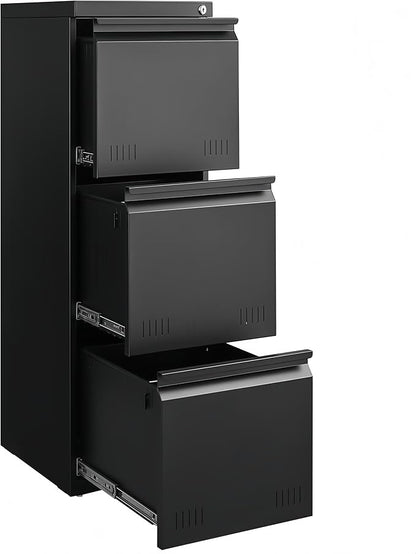 Vertical 3 Drawer File Cabient with Lock, Metal Filing Cabinets for Home Office, Heavty Duty Office Storage Cabinet for A4/Letter/Legal (Matte Black)