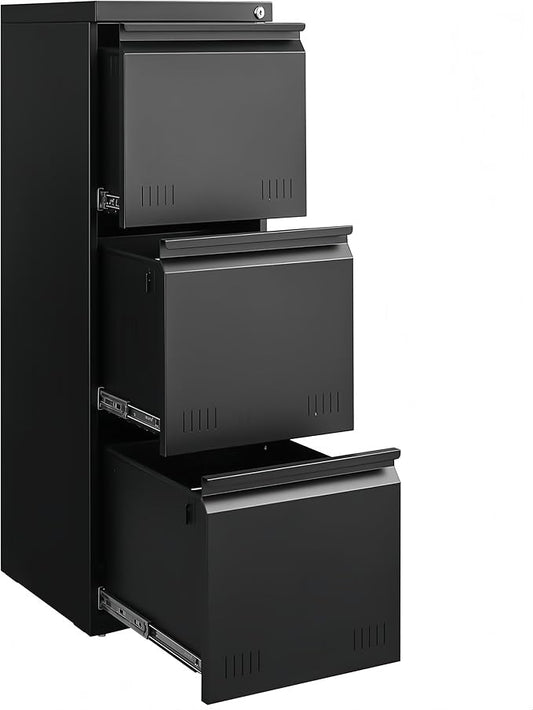 Vertical 3 Drawer File Cabient with Lock, Metal Filing Cabinets for Home Office, Heavty Duty Office Storage Cabinet for A4/Letter/Legal (Matte Black)
