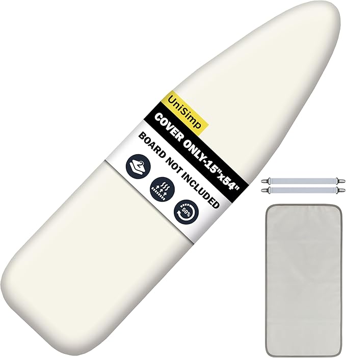 Ironing Board Cover and Pad 15"x54" Extra Thick Natural Cotton, Scorch and Stain Resistant Padding,Standard Size Iron Board Cover with Fasteners Heavy Duty Elastic Edge, Beige