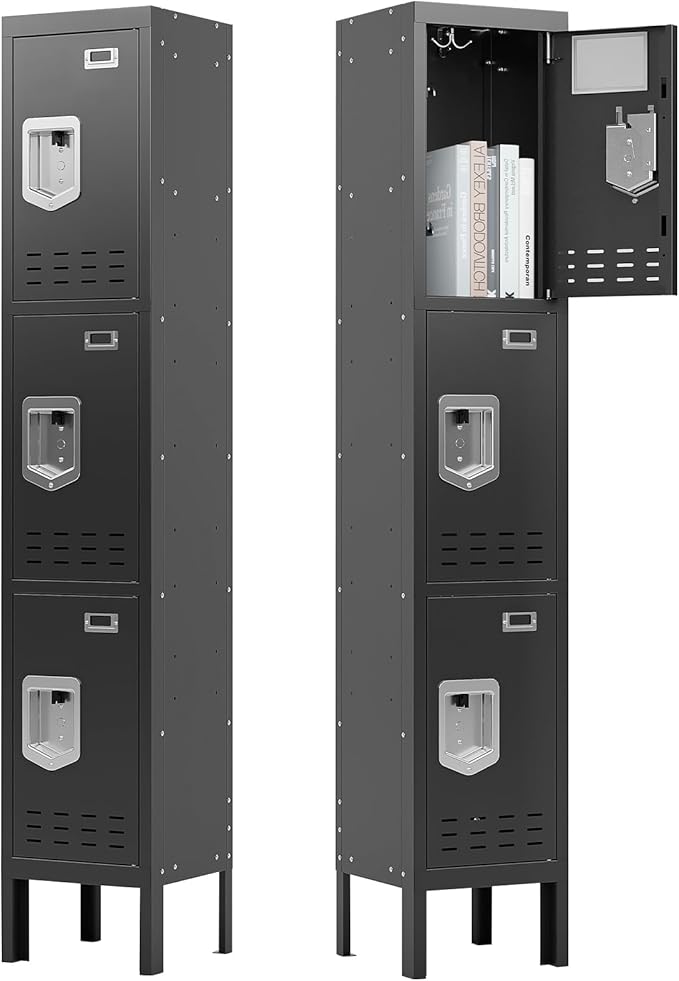 Metal Storage Locker with Lock & Card Slot Locker - Secure Lockable Door - Steel Locker for School, Office, Gym, Home - 66.15" H x 11.8" W x 11.8" D（3 Door, Black）