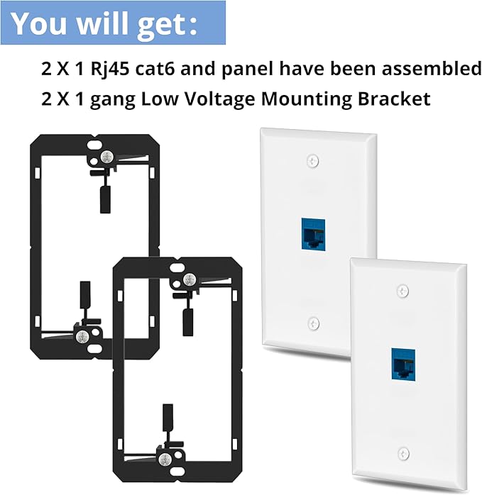 2 Pairs Ethernet Wall Plate Cat6 1 Port Keystone Jack Wall Plate with RJ45 Coupler Outlet Connector and Single Gang Low Voltage Mounting Bracket