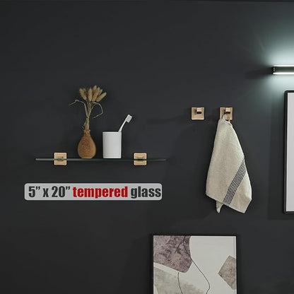 JQK Bathroom Glass Shelf, Floating Tempered Glass Shower Storage 20 by 5 inches, 304 Stainless Steel Champagne Bronze Wall Mount, TGS201L20-CB