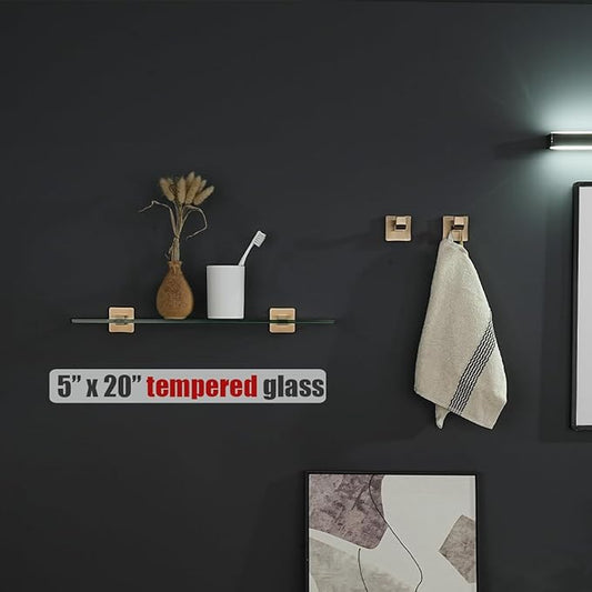 JQK Bathroom Glass Shelf, Floating Tempered Glass Shower Storage 20 by 5 inches, 304 Stainless Steel Champagne Bronze Wall Mount, TGS201L20-CB