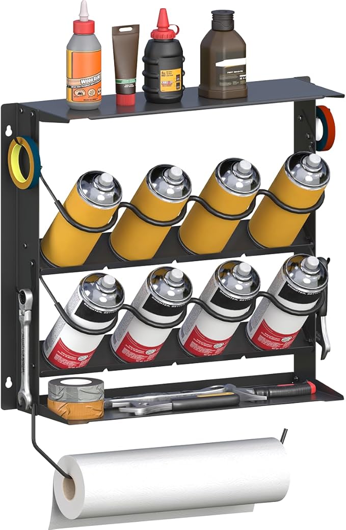 Spray Paint Can Holder with Paper Towel Holder for Home Garage Organizer, Wall Mount Paint Bottle Tool Utility Storage Rack with 8 Holes & 2 Shelf for Shop, Black