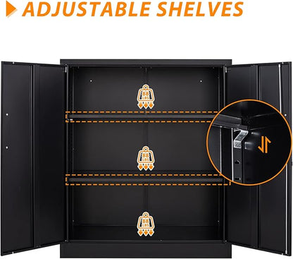 Metal Storage Cabinet, Lockable Steel Storage Cabinet with 2 Doors and Shelves, Metal Cabinet with Lock, Small Locking Cabinet for Home Office (Black)