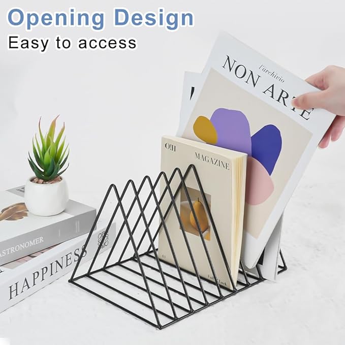4Pcs Triangle File Holder, 9 Slot Black Magazine Holder, Metal Vinyl Record Storage Stand, Desktop File Organizer Magazine Rack, Bookshelf Organizer for Office Home, Letter Book