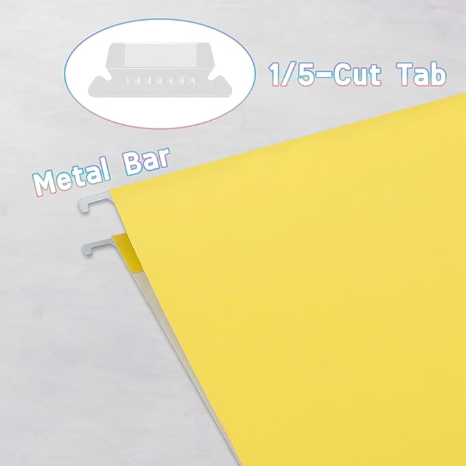 50 Packs Hanging File Folders Yellow,Letter Size 8.5x11, Hanging File Folders with 1/5-cut Tabs,File Folders for Filing Cabinet,Ideal Office, School Classroom Supplies
