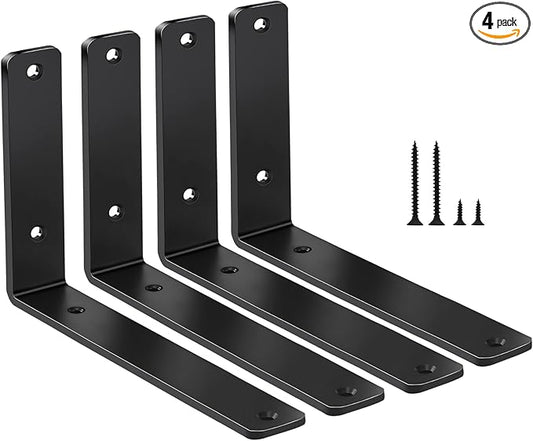 4 Pack - L 6" x H 4" x W1.5, 5mm Thick Black L Shelf Bracket, Iron Shelf Brackets, Metal Shelf Brackets, Floating Shelf, Shelf Supports with Screws