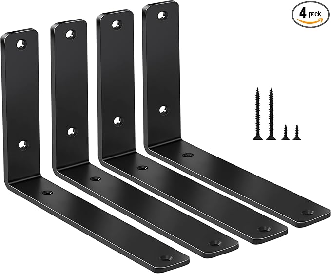 4 Pack - L 8" x H 6" x W1.5, 5mm Thick Black L Shelf Bracket, Iron Shelf Brackets, Metal Shelf Brackets, Floating Shelf, Shelf Supports with Screws