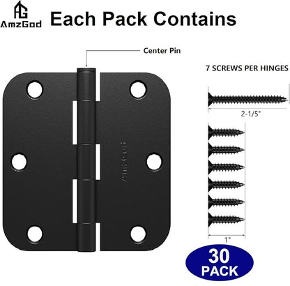 Door Hinges Matte Black - 30 Pack Black Door Hinges 3.5 Inch Rounded Interior Door Hinge with 5/8" Radius Corners - Black Hinges for Doors 3 1/2 Inches Flat Iron Residential Door Hardware