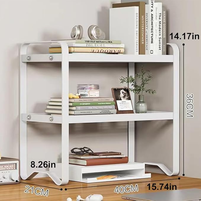 Hbluefat Metal Desktop Shelf Organizer, Small Desk Bookshelf for Home Office, Table Top Storage Shelf, Multipurpose Metal Desk Organizer for Books, Office Supplies, Home Decor (White, 2 Tier)