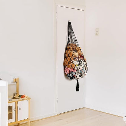Stuffed Animal Hammock Corner Hanging Net for Stuffy Animal Storage Macrame Toy Display Plushie Toy Holder-Perfect for The Tiny Space Walls, Kid Bedroom Decor Playroom Organizer (Black)