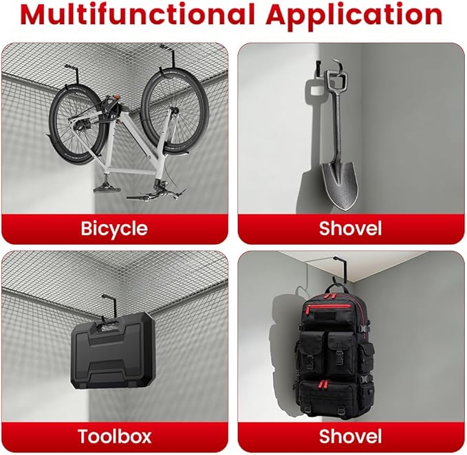 Bike Hooks for Garage Ceiling Mount Rack, Add on Storage Flat Hook Accessory Overhead Garage Hooks for Ceiling Rack and Wall Shelving(8 Pack)