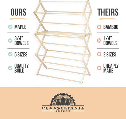 Pennsylvania Woodworks Clothes Drying Rack: Solid Maple Hard Wood Laundry Rack for Sweaters, Blouses, Lingerie & More, Durable Folding Drying Rack, Made in USA, No Assembly Needed, Medium