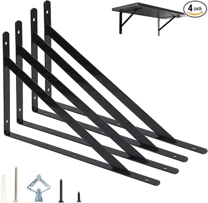 4 Pack L16 x H 10" Heavy Duty Shelf Brackets with Screws Wall Shelves Brackets with 90 Degree Triangle, Black Metal Shelf Brackets, Shelves L Brackets(400x250mm)