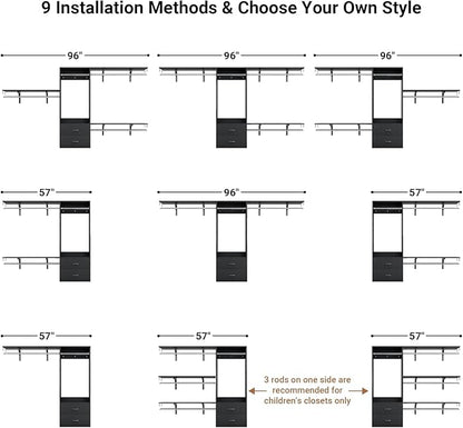 Cyclysio 8 FT Hanging Closet Organizer System, 96 Inch Closet System with Drawers, Walk in Closet System with 4 Adjustable Rods and 3 Shelving Towers for 4-8FT Spaces(Cut-to-Fit), Black