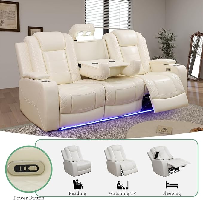 Creamy White Power Reclining Sofa for Living Room, Living Room Furniture Sets, Power Recliner Breathing Leather Sofa with 2 Recliner Seats/Cup Holder/LED Light/USB Port for Office, Rv Car