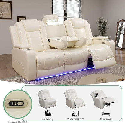 Creamy White Power Reclining Sofa for Living Room, Living Room Furniture Sets, Power Recliner Breathing Leather Sofa with 2 Recliner Seats/Cup Holder/LED Light/USB Port for Office, Rv Car