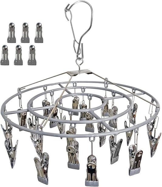 Stainless Steel Laundry Drying Rack Clothing Sock Drip Clothes Drying Hanger with 24 Clips, Swivel Windproof Hook Round Heavy Duty Underwear Hanger for Indoor Outdoor Wet and Dry (Grey)