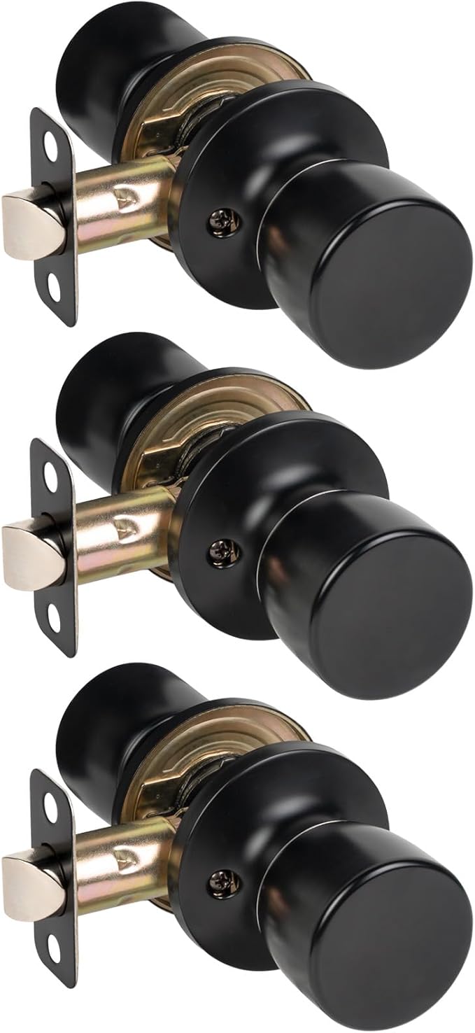 HOSOM Passage Door Knob, Matte Black Door Knobs Keyless Doorknobs for Interior Doors, Hallway, Closet and More, No Locking Door Handle 3 Pack