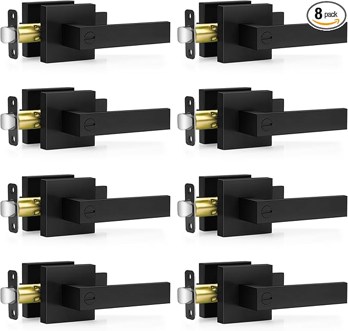 8 Pack Matte Black Door Handles, Keyless Interior Door Knobs, Privacy Door Lever Locksets for Bedroom Bathroom, Heavy Duty Square Door Lock (2.0lb), Reversible for Left&Right Handled Doors
