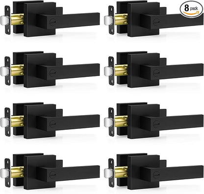 8 Pack Matte Black Door Handles, Keyless Interior Door Knobs, Privacy Door Lever Locksets for Bedroom Bathroom, Heavy Duty Square Door Lock (2.0lb), Reversible for Left&Right Handled Doors
