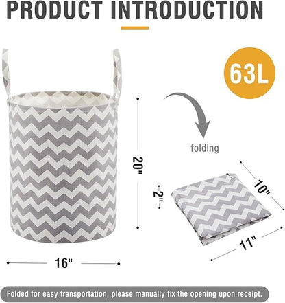 Baby Laundry Basket with Long Handles, 63L Collapsible Kids Laundry Hamper, Toy Storage Basket for Nursery, Bedroom Decor for Girls and Boys (Grey Chevron)