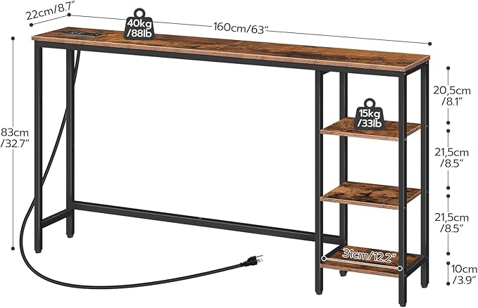 HOOBRO Console Table with Power Outlet, 63" Behind Sofa Table with Shelves, Narrow Entryway Table with Storage, Couch Table for Living Room, Hallway, Rustic Brown and Black BF164UXG01