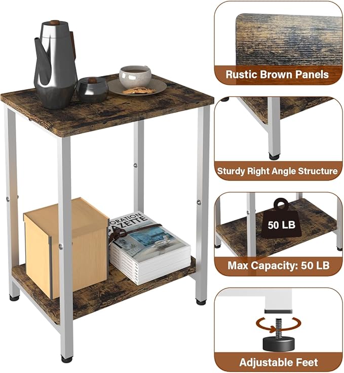 2 Tier Side Table, Heavy Duty End Table with Shelves, Narrow Nightstand Table for Small Spaces, Record Player Table for Bedroom, Living Room, Sofa Couch - Rustic Brown & White