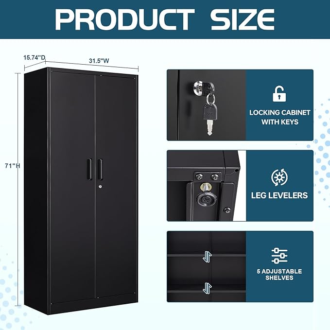 MIIIKO Metal Garage Storage Cabinet with 2 Doors and 5 Shelves,71" Metal Cabinets,Lockable Storage Cabinet for Home Office,Garage.