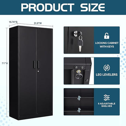 MIIIKO Metal Garage Storage Cabinet with 2 Doors and 5 Shelves,71" Metal Cabinets,Lockable Storage Cabinet for Home Office,Garage.