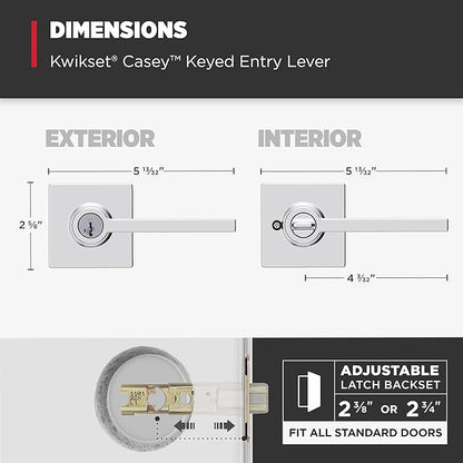 Kwikset Casey Entry Door Handle with Lock and Key, Secure Keyed Reversible Lever Exterior, for Front Entrance and Bedrooms, Polished Chrome, 4 Pack, Pick Resistant SmartKey Rekey Security