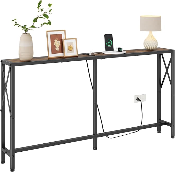 Console Table with Oulets and USB Ports, 55.1" Sofa Table Behind Couch, Industrial Long Skinny Stand for Hallway, Living Room, Bedroom, 6.5 Feet Power Cord, Rustic Brown