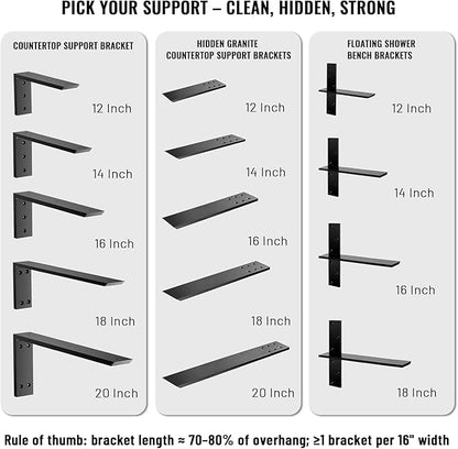 Hidden Granite Countertop Support Brackets Thick Heavy Duty Counter top Brackets,Flat Black Wall Mount Support Countertop Overhang Support for Quartz, Wood, Concrete,Island,20inch 8Pack